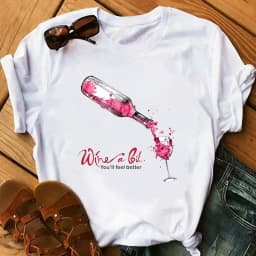 100% COTTON Women's Top Women's High Heels Wine Glass White Print Large Size Summer T-shirt Graphic T Shirts Oversized Tshirt