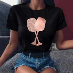 100% COTTON Women's Top Women's High Heels Wine Glass White Print Large Size Summer T-shirt Graphic T Shirts Oversized Tshirt
