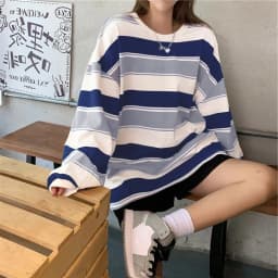 Women’s Clothing Autumn Casual Trendy Long Sleeve T-shirt Fashion Stripe Printing Round Neck Loose Pullover Tops Streetwear