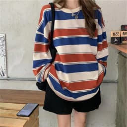 Women’s Clothing Autumn Casual Trendy Long Sleeve T-shirt Fashion Stripe Printing Round Neck Loose Pullover Tops Streetwear