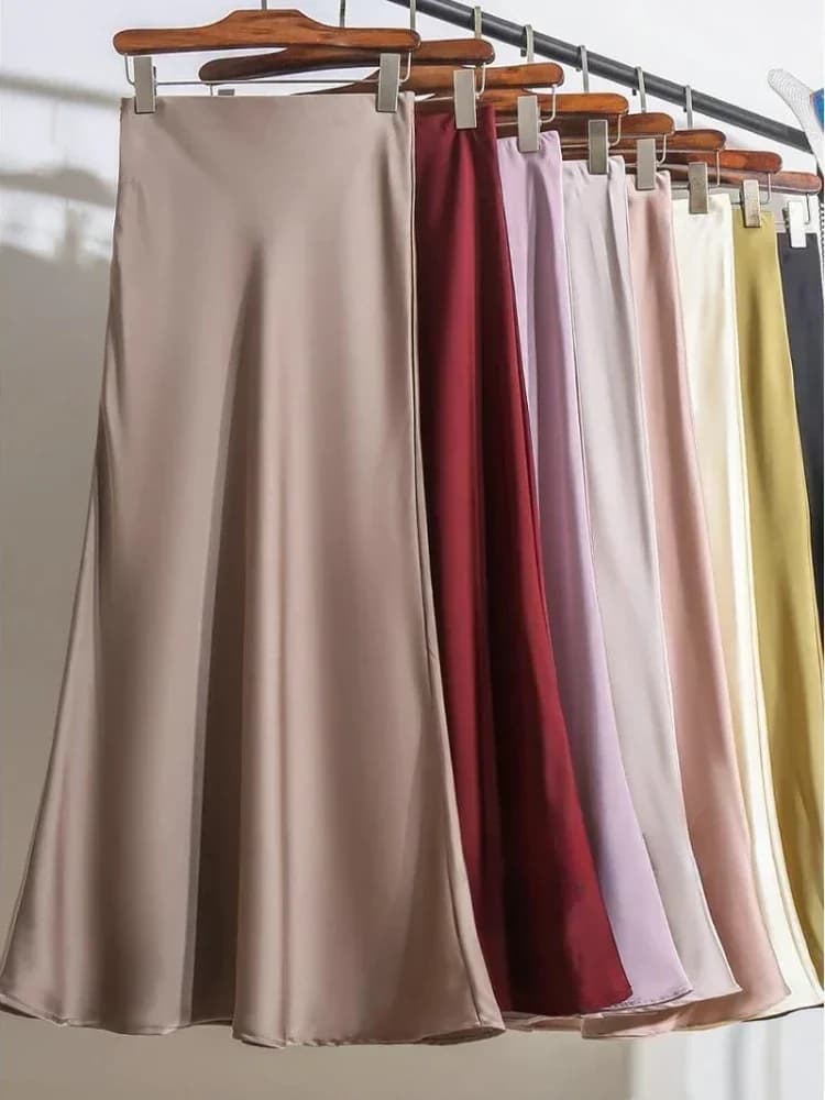 Women's Long Skirt 2026 New Fashion Satin Skirt Office Lady Elastic Waist Solid Champagne Purple Red Silk A-LINE Skirt for Women