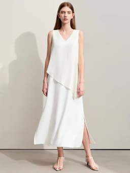 Amii Minimalism 2026 Women Dresses Summer New Vacation Style V-neck Spliced Chiffon Female Sleeveless Loose Dress 12452102