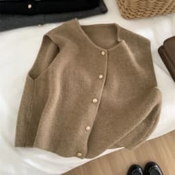 Crew Neck Women's Korean Solid Button Short Sleeve Cardigan Coats Sweater Knitted Sleeveless Ladies Elegant Tanks Bottoming