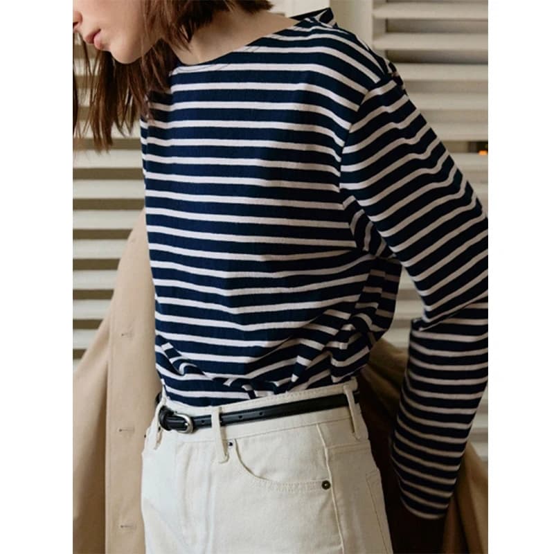 95% Cotton Women's T-Shirt Vinatge Striped Long Sleeve Tees Harajuku Basic Streetwear Tops Ropa Mujer Camisetas