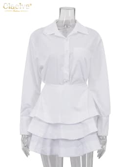 Clacive Fashion Loose White Cotton Women's Two Pieces Set 2025 Elegant Long Sleeve Shirt With High Waist Pleated Mini Skirt Set
