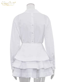 Clacive Fashion Loose White Cotton Women's Two Pieces Set 2025 Elegant Long Sleeve Shirt With High Waist Pleated Mini Skirt Set