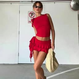 Flower Top and Hip-hugging Short Skirt Set, European and American Summer Temperament, Slim Fit, Fashionable and Casual