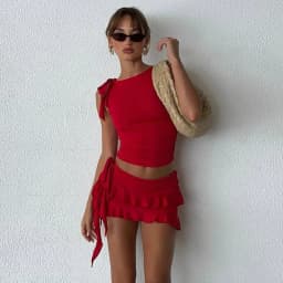 Flower Top and Hip-hugging Short Skirt Set, European and American Summer Temperament, Slim Fit, Fashionable and Casual