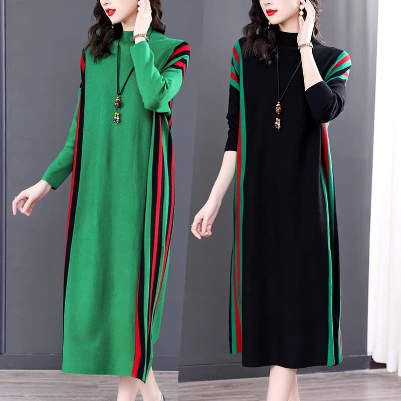 Winter Green Casual Knitted Sweater&Jumpers Autumn Elegant Vintage O-Neck Pullovers Women Bodycon Wool Sweater Midi Dresses