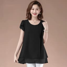 Office Lady Summer Blouse Women Chiffon Work Slim Shirts O-Neck Short Sleeve Tops Shirt Two Layer Ruffles Blusas Plus Size Tops