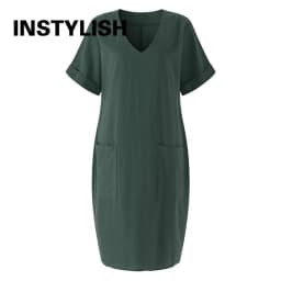 Women Casual Short Sleeve V Neck Cotton Linen Loose Dress Vintage Solid Pockets Oversized Dress Elegant Beach Holiday Mini Dress