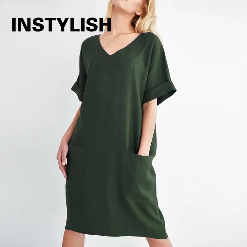 Women Casual Short Sleeve V Neck Cotton Linen Loose Dress Vintage Solid Pockets Oversized Dress Elegant Beach Holiday Mini Dress
