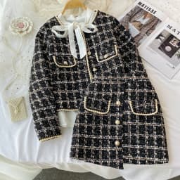 2026 Autumn 2 Pieces Set Elegant Fashion Vintage Plaid Tweed Long Sleeve Jackets Coat + Irregular A-Line Mini Skirts Femame Suit