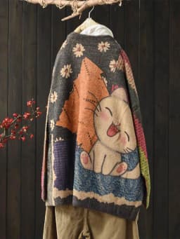 Amax LuluE 2026 Winter Ladies Harajuku Cartoon Knitwear Womens Fashion Printed Patchwork Leisure Sweaters Loose Punk Cardigans