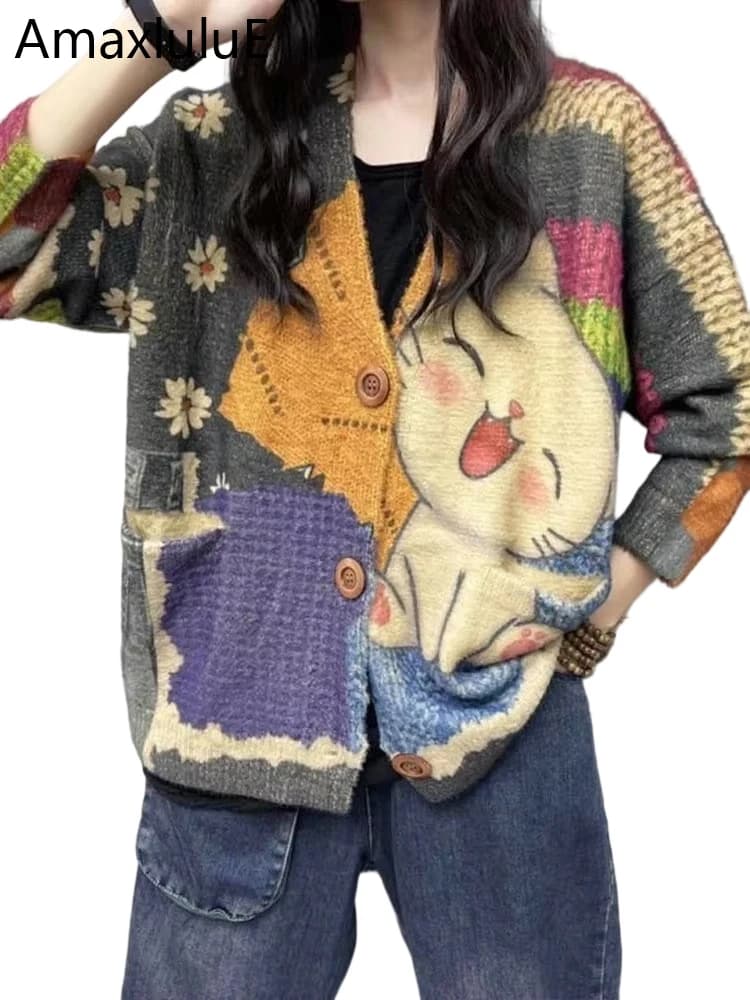 Amax LuluE 2026 Winter Ladies Harajuku Cartoon Knitwear Womens Fashion Printed Patchwork Leisure Sweaters Loose Punk Cardigans