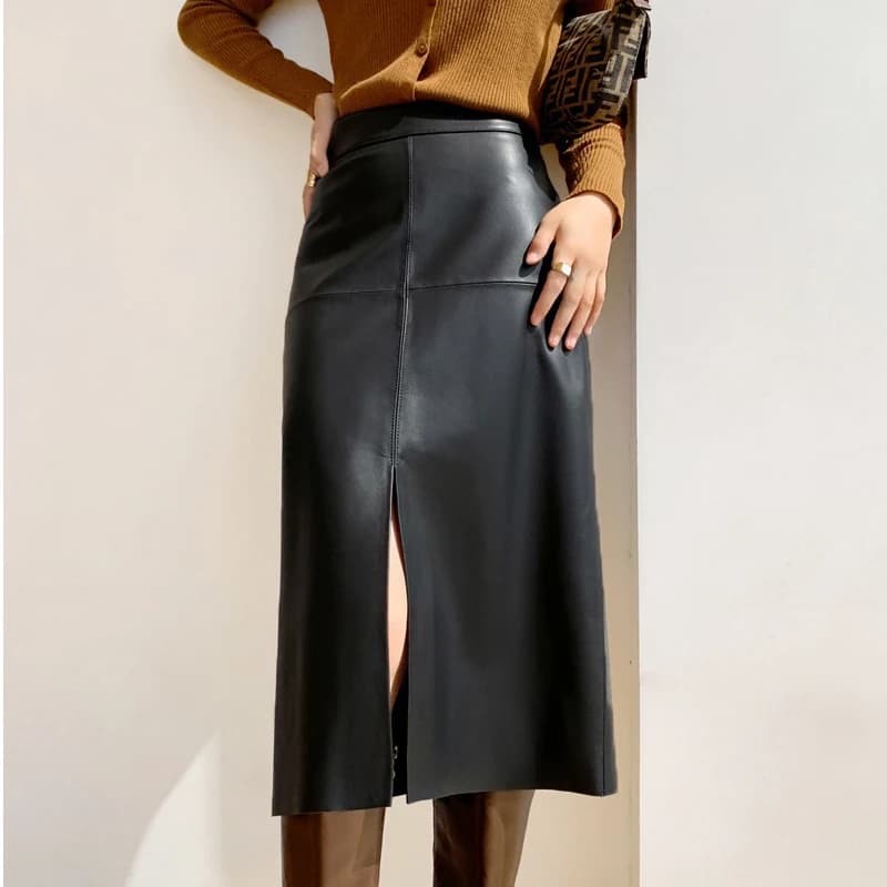 2025 New Genuine Leather Skirt for Women Vegetable Tanned Sheepskin Wrap Long Faldas Mujer Mid Length Front Slit Mid-Calf