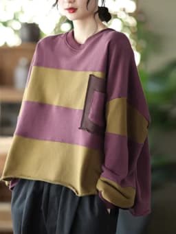 Amax LuluE Womens Loose Leisure O-Neck Design Hoodies Spring British Style Vintage Patchwork Sweatshirts Striped Street Clothes