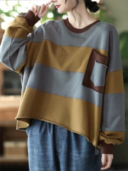 Amax LuluE Womens Loose Leisure O-Neck Design Hoodies Spring British Style Vintage Patchwork Sweatshirts Striped Street Clothes
