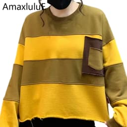 Amax LuluE Womens Loose Leisure O-Neck Design Hoodies Spring British Style Vintage Patchwork Sweatshirts Striped Street Clothes