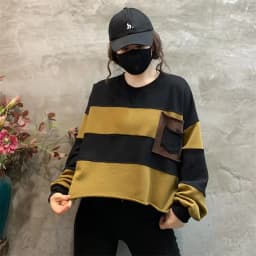 Amax LuluE Womens Loose Leisure O-Neck Design Hoodies Spring British Style Vintage Patchwork Sweatshirts Striped Street Clothes