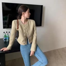 Lucyever Vintage Women's Tweed Jackets Elegant Chic Double-Breasted with Pocket Jacket Ladies Korean Fashion O-Neck Short Coat