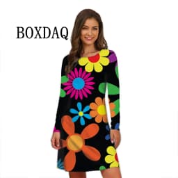 Flower Power Women Dress Retro Hippie 60s Elegant Long Sleeve Loose Dress Casual Fashion Oversized Autumn Woman Print Mini Dress