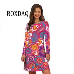 Flower Power Women Dress Retro Hippie 60s Elegant Long Sleeve Loose Dress Casual Fashion Oversized Autumn Woman Print Mini Dress