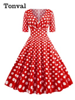 Tonval V-Neck Polka Dot Print 50s Pinup Midi Cotton Dresses for Women Half Sleeve Autumn Clothes Vintage Retro High Waist Dress