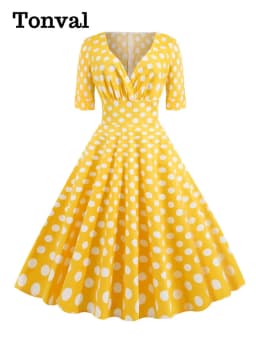 Tonval V-Neck Polka Dot Print 50s Pinup Midi Cotton Dresses for Women Half Sleeve Autumn Clothes Vintage Retro High Waist Dress