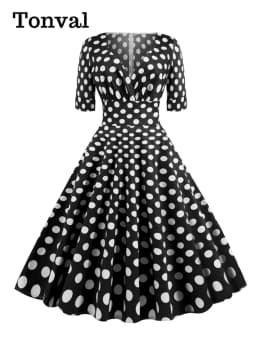 Tonval V-Neck Polka Dot Print 50s Pinup Midi Cotton Dresses for Women Half Sleeve Autumn Clothes Vintage Retro High Waist Dress