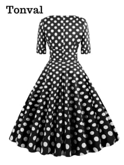 Tonval V-Neck Polka Dot Print 50s Pinup Midi Cotton Dresses for Women Half Sleeve Autumn Clothes Vintage Retro High Waist Dress