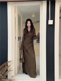 CHEERART Brown Pleate Elegant 2 Piece Sets Women Outfit V Neck Long Sleeve Cardigan Top And Maxi Skirt Set Fall Clothes