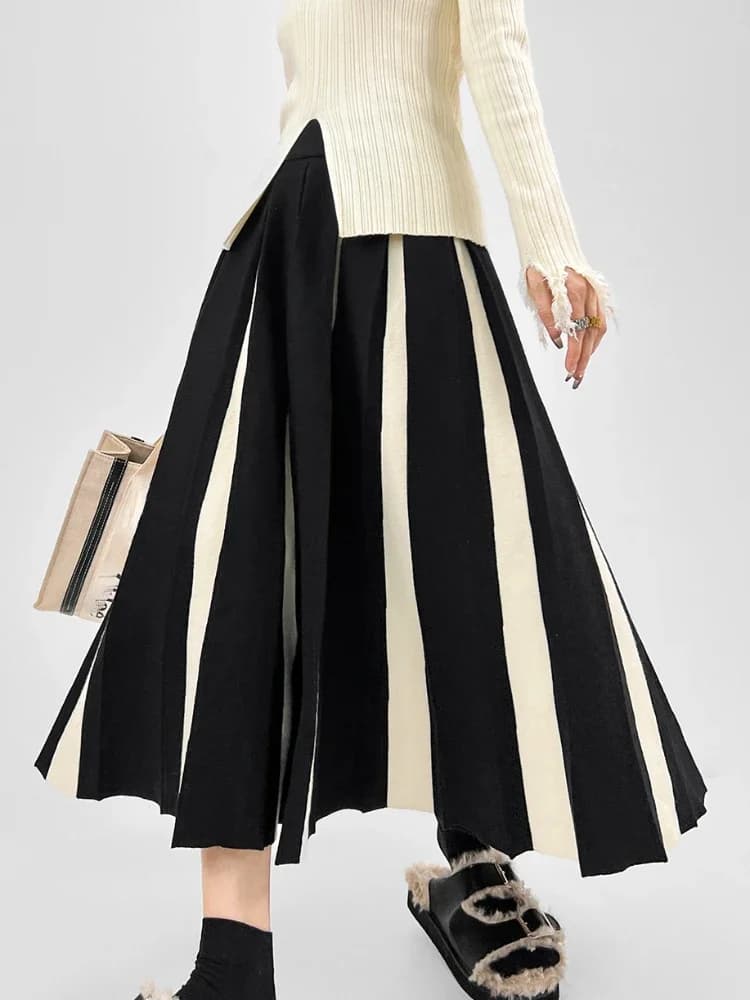Autumn Winter Women's Skirts Elegant Fashion Knitted A-LINE Skirt Office Lady Black White Long Skirts for Women Fashion 2025