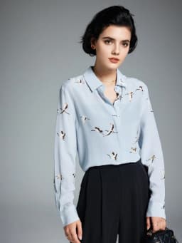 SuyaDream, Woman Printed Shirts, 100% Silk Crepe De Chine, Turn Down Collar, Light Blue Blouses, 2025 Spring Summer Top