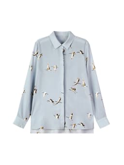 SuyaDream, Woman Printed Shirts, 100% Silk Crepe De Chine, Turn Down Collar, Light Blue Blouses, 2025 Spring Summer Top