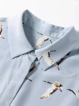 SuyaDream, Woman Printed Shirts, 100% Silk Crepe De Chine, Turn Down Collar, Light Blue Blouses, 2025 Spring Summer Top