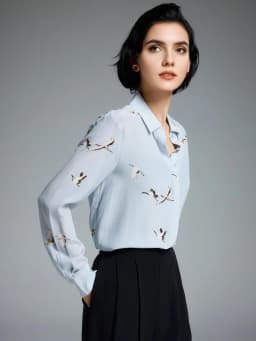 SuyaDream, Woman Printed Shirts, 100% Silk Crepe De Chine, Turn Down Collar, Light Blue Blouses, 2025 Spring Summer Top