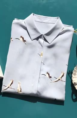 SuyaDream, Woman Printed Shirts, 100% Silk Crepe De Chine, Turn Down Collar, Light Blue Blouses, 2025 Spring Summer Top
