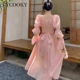 Sweet Back Puff Sleeve Dress Women Autumn 2025 New Pink Bandage Dress Fashion Elegant Chiffon Long Dresses Female
