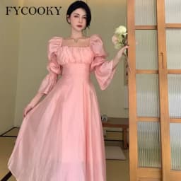 Sweet Back Puff Sleeve Dress Women Autumn 2025 New Pink Bandage Dress Fashion Elegant Chiffon Long Dresses Female