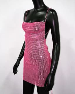 AKYZO Sexy See Through Halter Mini Dress Shiny Diamante Low Neckline Hollow Out Backless Side Slit Clubwear Party 