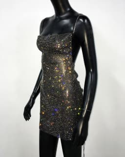 AKYZO Sexy See Through Halter Mini Dress Shiny Diamante Low Neckline Hollow Out Backless Side Slit Clubwear Party 