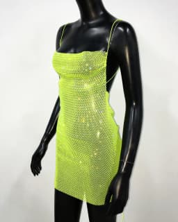 AKYZO Sexy See Through Halter Mini Dress Shiny Diamante Low Neckline Hollow Out Backless Side Slit Clubwear Party 