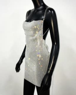 AKYZO Sexy See Through Halter Mini Dress Shiny Diamante Low Neckline Hollow Out Backless Side Slit Clubwear Party 