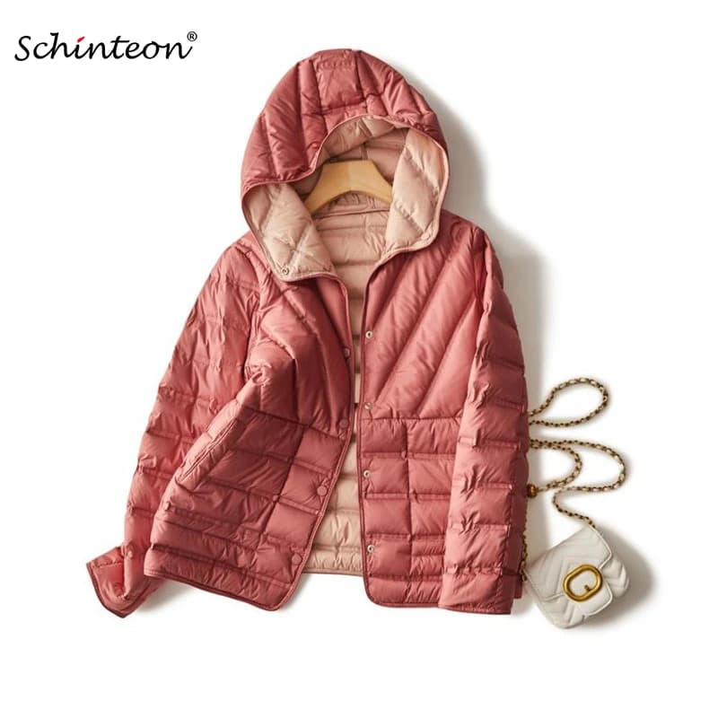 Schinteon Women light White Duck Down Jacket Coat with Hood Double-sided Wearing Casual Simple High Quality Outwear 2023 New