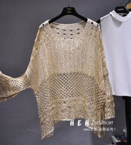 Spring 2023 new hollow sequined blouse mid-length knitted sweater loose large size gold thread bright silk sunscreen shirt