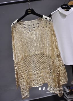 Spring 2023 new hollow sequined blouse mid-length knitted sweater loose large size gold thread bright silk sunscreen shirt