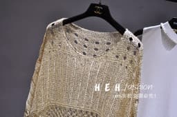 Spring 2023 new hollow sequined blouse mid-length knitted sweater loose large size gold thread bright silk sunscreen shirt
