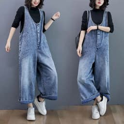 Denim Jumpsuits for Women Autumn Oversized Solid Playsuits Loose High Waist Wide Leg Pants Overalls for Women Clothes One-pieces