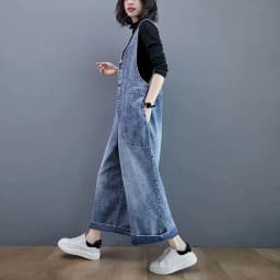 Denim Jumpsuits for Women Autumn Oversized Solid Playsuits Loose High Waist Wide Leg Pants Overalls for Women Clothes One-pieces